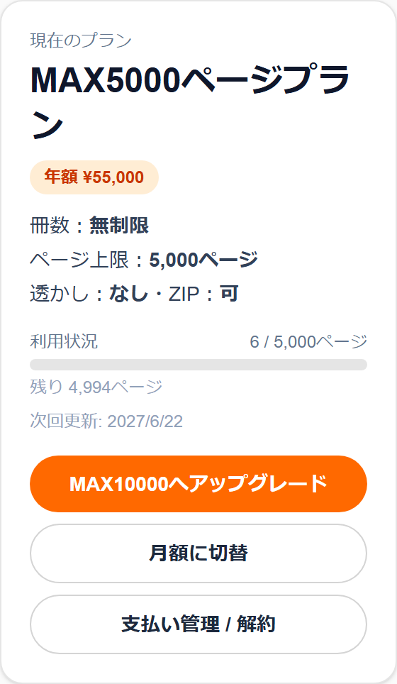 有料(MAX5000)プランの表示